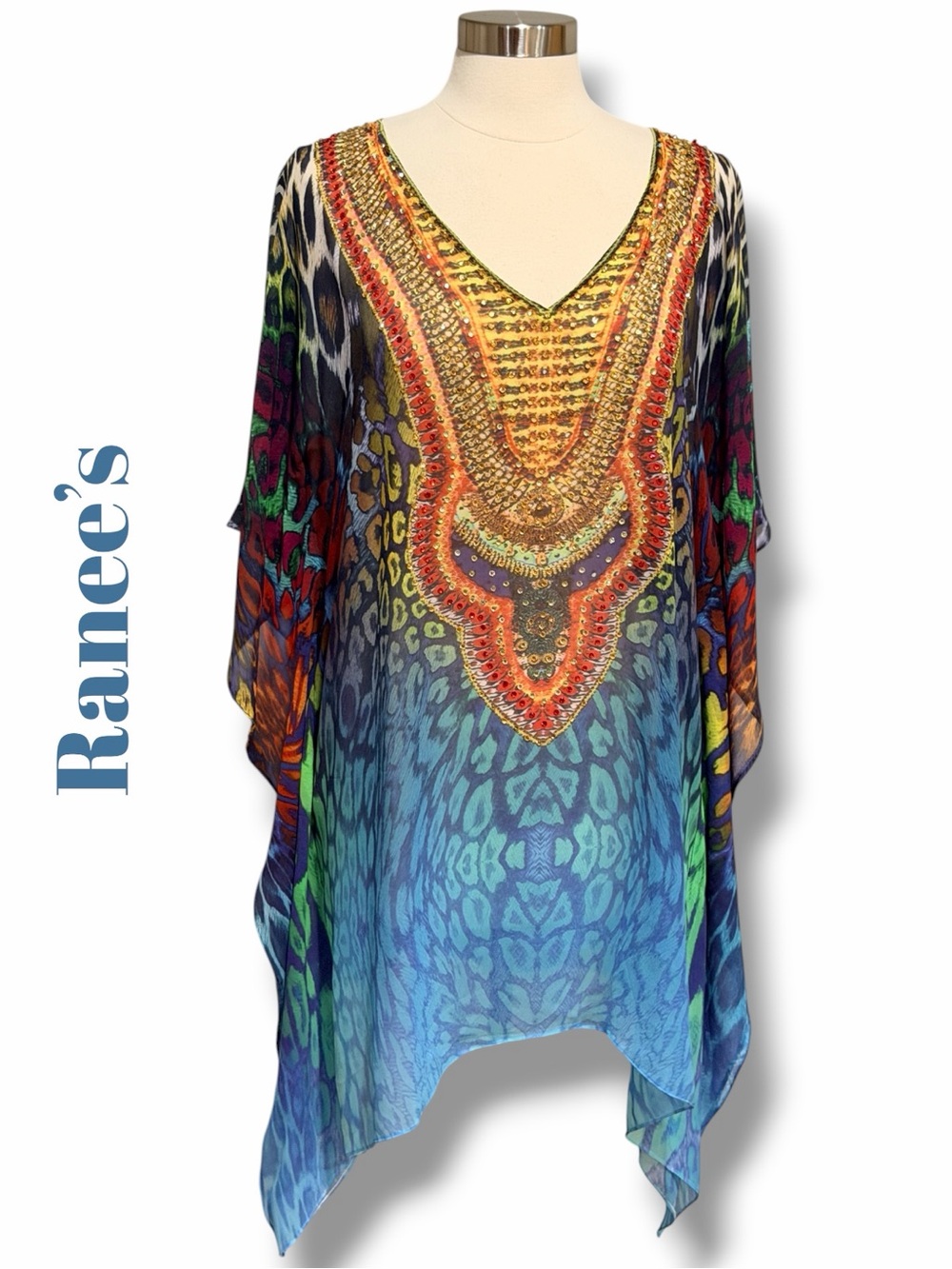 Ranee’s Multi-Color Animal Print Embellished V-Neck Women's Tunic Top in Size XL